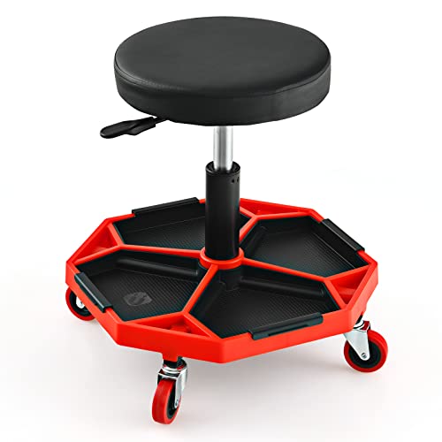 IRONMAX Rolling Mechanic Stool with Removable Tool Tray & Padded Cushion | Pneumatic Shop Stool with 4 Universal Wheels, Height Adjustable Roller Seat for Workshop Auto Repair, 330 LBS Max Load - color: Red, size: Bottom Tool Tray