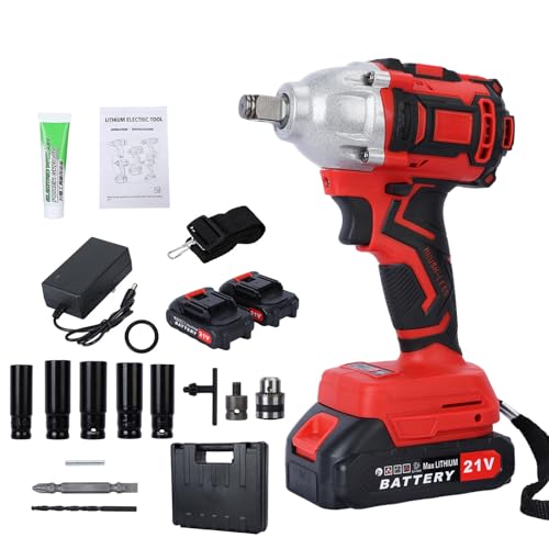 21V Cordless Impact Wrench, Battery-Powered Impact Driver with 520N.m Torque, Brushless Motor, 2 Batteries, 5 Sockets, Accessories, Power Tool for Lugs Nut Removal, Car Repairs, Home Projects Red