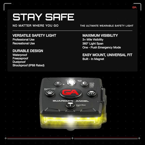 Guardian Angel Micro Safety Light - Yellow Front & Yellow Rear | Beacon Device. Rechargeable, magnetic, hands-free wearable & mountable. For Dog Walking, Cycling, Hiking, Camping & More. - color: Yellow/Yellow