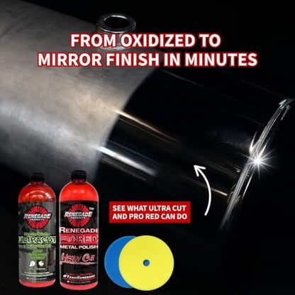 Renegade Liquid Cut & Polish Combo – Ultra Cut & Pro Red Metal Polishes with Blue and Yellow Foam Pads – 2-Step Aluminum & Stainless Steel Restoration Kit