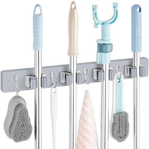 OUTNILI Gray Mop Broom Holder Wall Mount with 4 Slots & 4 Hooks - Wood Broom Mop Hanger for Pantry Closet Laundry Room Organization - Heavy Duty Garden Tool Organizer - color: Gray-4 Grips, size: 1 Pack