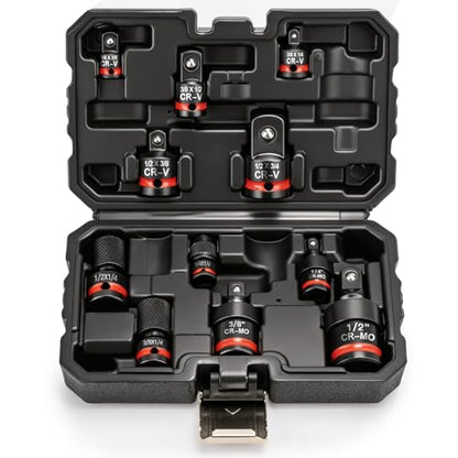 11PC Socket Adapter Set, Drill Bit Socket Adapters, CR-V and CR-MO | Complete 11pcs swivel impact socket set, 360° , reach narrow & blocked bolt positions easily for auto maintenance