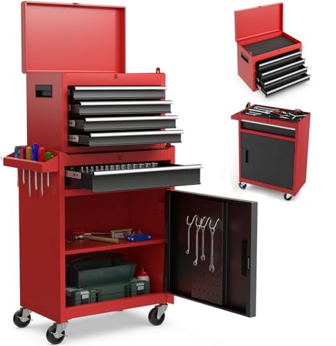 ERGOMASTER Tool Chest Heavy Duty Rolling Tool Box with Cabinet 5-Drawer for Lockable & Removable Cabinet for Garage and Workshop - Multicolor - color: Black&red, size: 5-Drawers