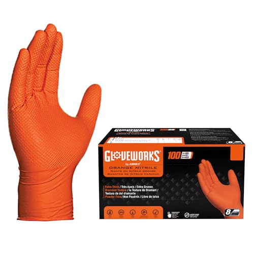 GLOVEWORKS 8 Mil Orange Nitrile Disposable Gloves Heavy Duty Industrial RDT for Mechanic and Automotive, Small Box of 100 - size: Small, style: 1 Box of 100