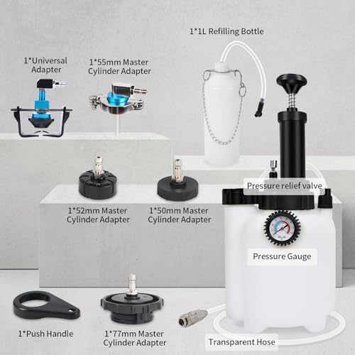 PLAYOCCAR Brake Bleeder Kit 3L with 4 Adapters & Waste Bottle | Includes 1L Waste Bottle & Universal Adapter, Upgraded Master Cylinder Adapters, Vacuum Pump for Single-Hand Brake Bleeding