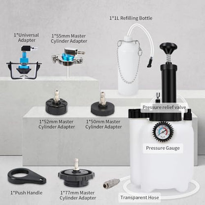 PLAYOCCAR Brake Bleeder Kit 3L with 4 Adapters & Waste Bottle | Includes 1L Waste Bottle & Universal Adapter, Upgraded Master Cylinder Adapters, Vacuum Pump for Single-Hand Brake Bleeding