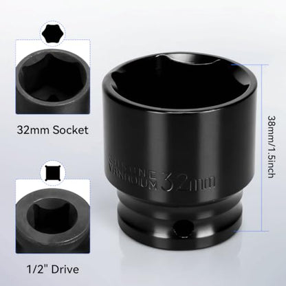 2PCS 32mm Impact Socket 1/2" Drive, 6 Point Metric Shallow Socket, CR-V Steel Heavy Duty Impact Wrench Socket for Automotive Repair - size: 32mm