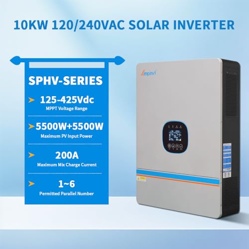 Ampinvt 10000W Hybrid Solar Inverter with WiFi, Split Phase Inverter Charger 48Vdc to 120V/240Vac Support Parallel Up to 6 Units, Built-in 200A MPPT Battery Charging for Lead Acid and Lithium Battery