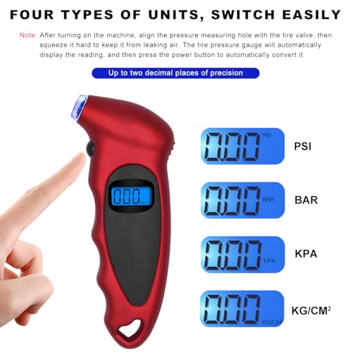Digital Tire Pressure Gauge, 150PSI 4 Settings High Accuracy Tire Gauge with Backlit LCD and Non-Slip Grip, Easy to Read Air Pressure Gauge for Cars, Trucks and Bicycles (Red) - color: Red