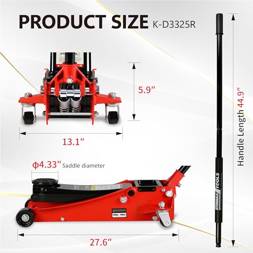 2.5T Low Profile Steel Floor Jack, 5500 lb, Dual Pump, 3.5"-19.5" Lift, Red | Heavy-duty steel construction. Dual piston quick lift pump. Low profile design. Safety overload protection - size: 2.5T Dual Pump 3.5"-19.5"(Red)