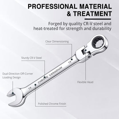 14-Piece Flex Head Ratcheting Wrench Set, Metric Combination Wrenches Set 6-19mm, 72-Tooth, CR-V Steel, Ideal for Tight Spaces, Automotive Repair - size: 14-pcs + Yellow Pouch
