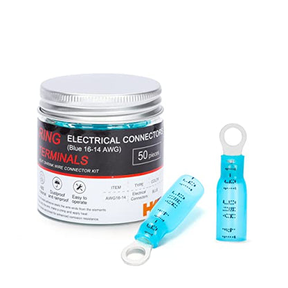HKS 50 PCS Ring Terminals #8 Blue 16-14 AWG -M4 - Electrical Connectors - Heat Shrink Wire Connector Kit - Tinned Red Copper - Automotive Marine Ring Connectors - Waterproof and Insulated - size: #8 (M4)