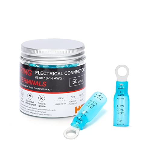HKS 50 PCS Ring Terminals #8 Blue 16-14 AWG -M4 - Electrical Connectors - Heat Shrink Wire Connector Kit - Tinned Red Copper - Automotive Marine Ring Connectors - Waterproof and Insulated - size: #8 (M4)