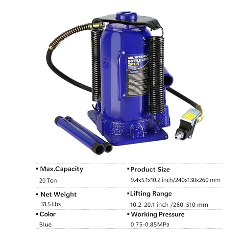 20 Ton Air Hydraulic Bottle Jack with Air-Powered or Manual Operation, One-Piece Hydraulic Cylinder Design, Air Bottle Jack with Carry Handle for Pickup Trucks, Commercial Vehicles, and Farm Equipment - color: Blue