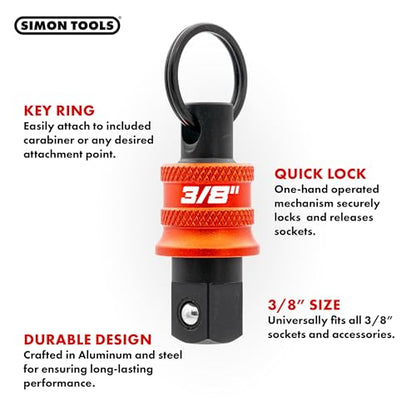 Simon tools Socket Holder Keychain 3pc - 3/8 Socket Organizer with Quick Release and Clip - Perfect Impact Wrench and Toolbox Accessories for Construction Workers, Linemen, Mechanics and Carpenters - size: 3/8"
