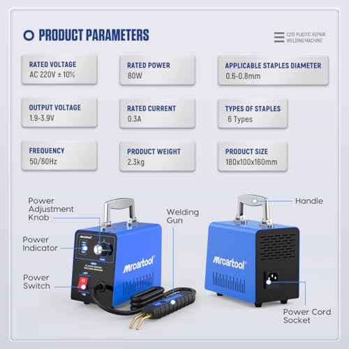 MR CARTOOL C210 Plastic Welder Kit with 600pcs Hot Staples, Plastic Welding Machine with 5-Level Adjustable Power, 110V Hot Stapler Car Bumper Repair Kit Plastic Repair Welding Kit