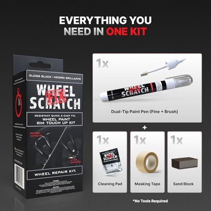 Wheel Scratch Fix® Gloss Black Touch Up Paint for Cars - DIY Alloy Wheel Repair Kit, Curb Rash Remover with Fast-Drying Pen - Long-Lasting OEM Finish Car Rim Paint for Scuffs and Chips at Home (Gloss Black) - color: Black - Gloss - Kit