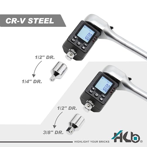 HB 3-Piece Digital Torque Adapter Set AAM002-U, 1/2" Drive 7.4–147.6 Ft-lb (10–200Nm), ±2% Accuracy, Peak/Trace Modes, 5 Units, Memory, LED & Buzzer Alerts, Chrome Vanadium Steel, Made in Taiwan - size: Digital Torque Adapter Set