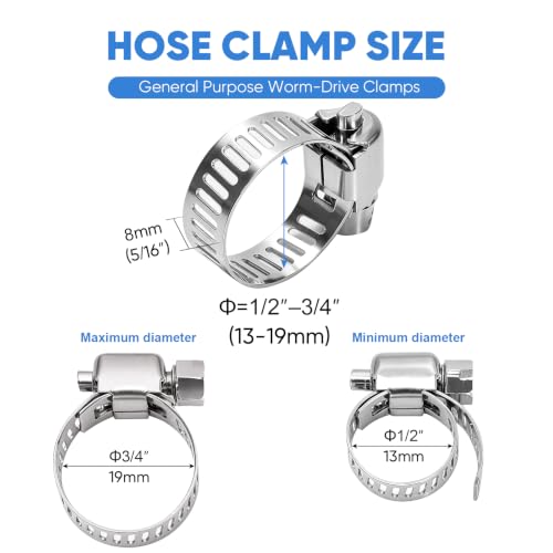 TICONN 24PCS Hose Clamp Set - 1/2''–3/4'' 304 Stainless Steel Worm Gear Hose Clamps for Pipe, Intercooler, Plumbing, Tube and Fuel Line (13–19 mm) - size: SAE #5 24PCS 1/2''~3/4"