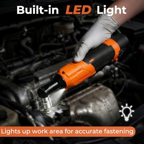 3/8" Cordless Ratchet Wrench, Compact 12V Kit, Orange1 | Electric socket wrench for light to medium DIY and garage jobs with LED light, safety lock, 2 batteries, 7 sockets and case