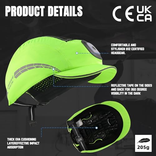 UM ULTRAMAXX Lightweight Bump Cap with Reflective Stripes, Breathable Baseball Cap Style, Head Protection Hard Hat for Men Women - color: Lime with Led Light