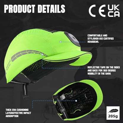 UM ULTRAMAXX Lightweight Bump Cap with Reflective Stripes, Breathable Baseball Cap Style, Head Protection Hard Hat for Men Women - color: Lime with Led Light