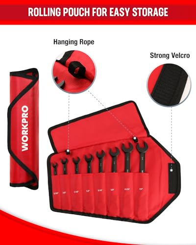 WORKPRO Ratcheting Combination Wrench Set, 8-piece Flex-Head Anti-Slip Set SAE 5/16-3/4 inch, 72-Teeth, Cr-V Constructed, Black Electrophoretic Coating with Rolling Pouch - size: SAE, style: Anti-Slip Tooth