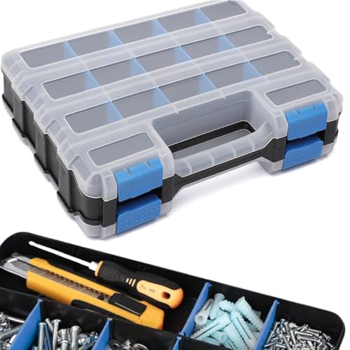 Andalus Tools Organizer Box, Small Parts Storage 34-Compartment Double-Sided Portable Hardware Organizer Removable Plastic Dividers for Screws, Nuts, Bolts, Nails – Blue (1 Pack, 12.5" x 10.5" x 3") - color: Blue, size: 1 Pack