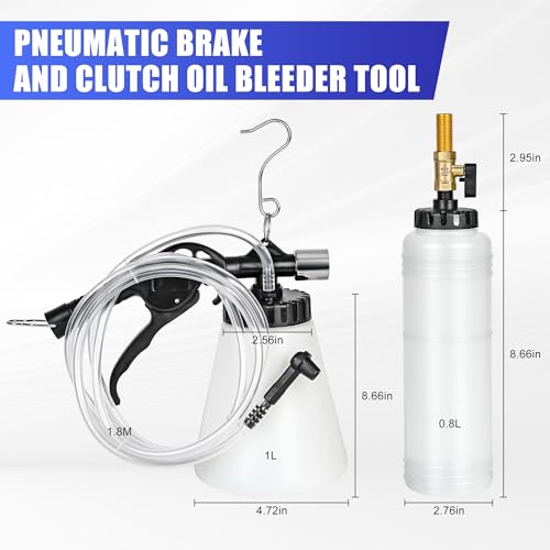 1L Capacity Pneumatic Brake Fluid Bleeder Extractor Tool Vacuum Brake Bleeder Kit Change Set with Adapters, Plugs and Hose | Apply to Car, Truck, Motorcycle, 90-120PSI