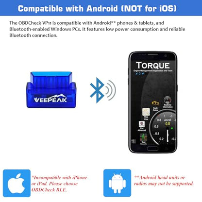 Veepeak Mini Bluetooth OBD2 Scanner Code Reader for Android (NOT for iOS) | Incompatible with iPhone or iPad. Check engine light diagnostics & live data for Android. Supports Torque & Car Scanner App.
