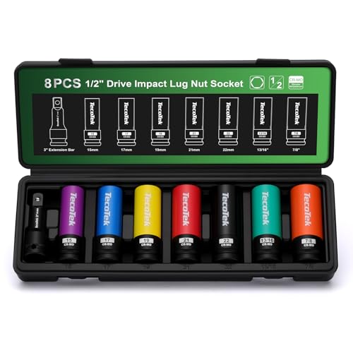TecoTek 8PCS 1/2" Drive Lug Nut Socket Set, Metric 15 17 19 21 22 MM & SAE 13/16 7/8 in. Wheel Socket Set, Lug Nut Removal Tool, Thin Wall Lug Nut Sockets with Colored Protective Covers
