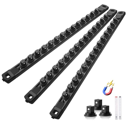 Reniteco Magnetic Socket Organizer Set, 3-Pack 3/8” Socket Rails | 42 Clips, Heavy-Duty Aluminum Alloy Rails, Removable 360° Swivel ABS Clips, Magnetic Base, Tool Box Drawer or Wall Mount - color: Black, size: 3/8-Inch Drive,3pc