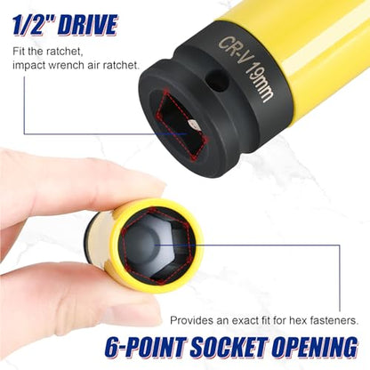 NYXOVA 5PCS 1/2 Inch Drive Impact Lug Nut Socket Set, Ultimate Wheel Protector Impact Socket Set, Non-Marring Thin Wall Wheel Protector Nut Socket(15 17 19 21 22 mm)