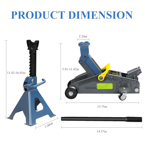 Larbanke 2-Ton Hydraulic Low Profile Floor Jack Combo Set with 2 Ratchet Jack Stands (6600 lbs), Car Jack and Stand Kit, Reflective Strips for Nighttime Use