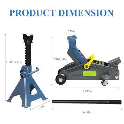 Larbanke 2-Ton Hydraulic Low Profile Floor Jack Combo Set with 2 Ratchet Jack Stands (6600 lbs), Car Jack and Stand Kit, Reflective Strips for Nighttime Use