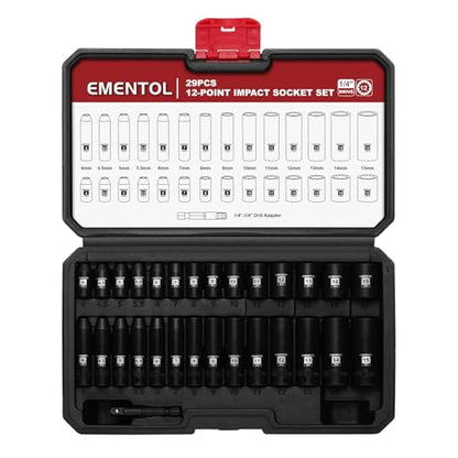 EMENTOL 1/4" Drive Impact Socket Set, 29 Pieces Deep & Shallow Socket Set, Metric 4-15mm, 12 Point CR-V, Includes Drill Bit Adapter - size: 1/4" Drive (4-15mm)