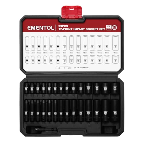 EMENTOL 1/4" Drive Impact Socket Set, 29 Pieces Deep & Shallow Socket Set, Metric 4-15mm, 12 Point CR-V, Includes Drill Bit Adapter - size: 1/4" Drive (4-15mm)