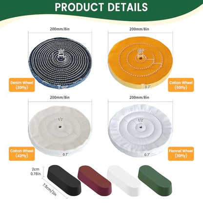 8PCS 8 Inch Buffing & Polishing Wheel Kit for Bench Grinder, 1/2" Arbor Hole, Denim/Yellow/White/Flannel Polishing Wheels with 4 Buffing Compound Set,Polishing Rouge Bars - style: 8pcs-8inch