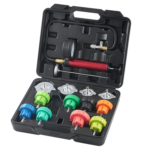 VEVOR Automotive Cooling System Radiator Pressure Tester Kit, 14 pcs Radiator Pressure Tester Kit with Manual Pump and Color-Coded Steel Test Cap Adapters, for Cars Motorcycles Trucks Cooling System - style: 14pcs