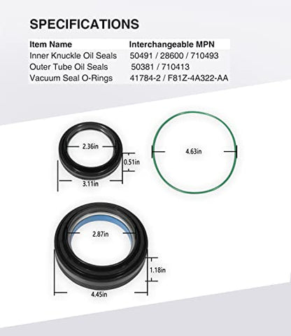 Front Axle Vaccum Knuckle & Tube Seal Kit - Fit for Ford 1998-2004 F250 F350 F450 F550 Super Duty Excursion Dana 50 60 Front Axle Knuckle Tube, Front Oil Seal Set, Replace 50491, 50381, 41784-2, 6 PCS - size: for 1998-2004 Ford F250 F350 F450 F550