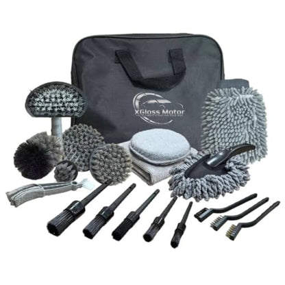XGloss Motor™ 19-Piece Car Detailing Brush & Cleaning Kit – Drill Brush Set, Detail Brushes, Wheel Brushes, Wash Mitt, Towel, Vent & Dusting Brushes, Applicator Pad & Storage Bag