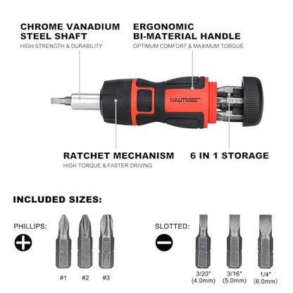 HAUTMEC 7-in-1 Stubby Ratcheting Screwdriver Set, Ratchet Short Screwdriver Set with Multi Bit Screw Driver Tool All in One, Chrome Vanadium Steel Shaft 3PCS Phillips and 3PCS Slotted - color: 7-in-1 Ratcheting