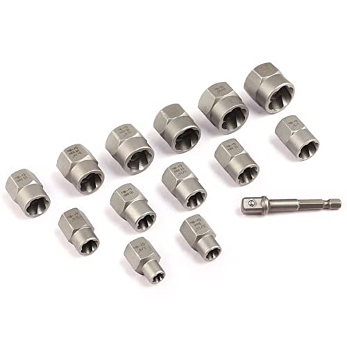3/8” Drive Impact Bolt Nut Extractor Set, 13 Pcs Lug Nut Remover Kit 1/4”-3/4” Twist Socket Tool Set with a 1/4” Hex Drive to 3/8” Socket Adapter
