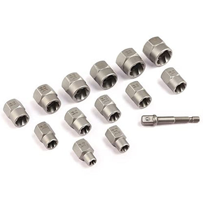 3/8” Drive Impact Bolt Nut Extractor Set, 13 Pcs Lug Nut Remover Kit 1/4”-3/4” Twist Socket Tool Set with a 1/4” Hex Drive to 3/8” Socket Adapter