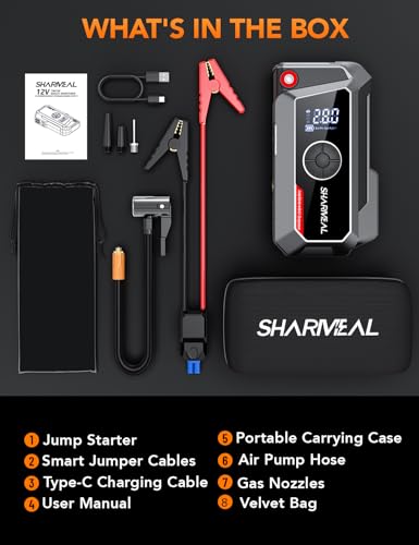 Sharmeal Jump Starter with Air Compressor, 7000A Car Battery Jump Starter (All Gas /12.0L Diesel), 200PSI Jump Starter Power Pack Portable 12V Jump Box with Jumper Cables, LED Light - color: Grey-7000A+ Air Compressor