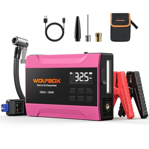 WOLFBOX 2000A Jump Starter with Air Compressor, 37Wh Car Battery Booster Jumper Starter Portable(up to 5L Gas Engine), 12V Jump Box Pack with 150PSI Tire Inflator, Jumper Cables, LED Light — Hot Pink - color: Hot Pink