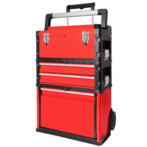 Stackable Rolling Tool Box Portable Metal Toolbox Organizer with Wheels and 2 Drawers Separate Rolling Upright Trolley Tool Chest for Garage or Workshop, Red - color: RED