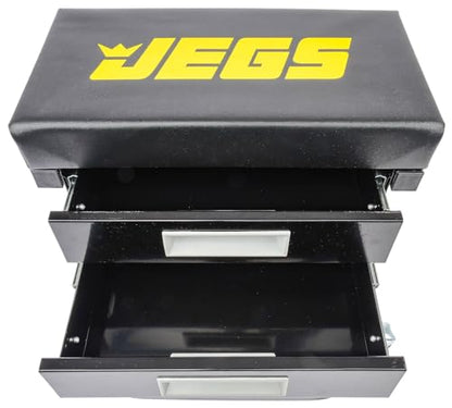 JEGS Mechanic Seat With Drawers and Tool Tray | 300 LBS Capacity | Black Finish with JEGS Logo | Padded Seat | 4 Caster Wheels