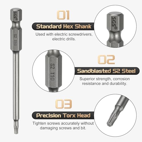 HARFINGTON 5pcs T10 Torx Head Screwdriver Bit 1/4" Hex Shank 3.15" (80mm) Long Magnetic No Hole Tip Tamper Proof 6 Point Star Screw Driver Drill Bits S2 Steel Industrial Power Screwdrivers - size: T10 x 3.15"(80mm)