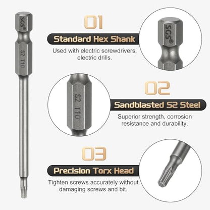 HARFINGTON 5pcs T10 Torx Head Screwdriver Bit 1/4" Hex Shank 3.15" (80mm) Long Magnetic No Hole Tip Tamper Proof 6 Point Star Screw Driver Drill Bits S2 Steel Industrial Power Screwdrivers - size: T10 x 3.15"(80mm)